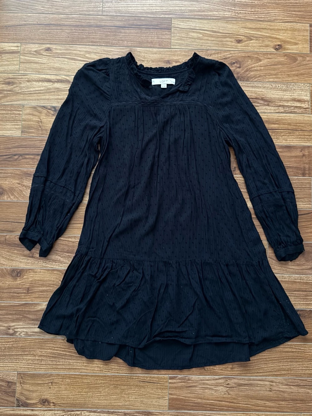 LOFT Petite Black Swiss Dot Ruffle Tiered Long Sleeve Dress Size SP